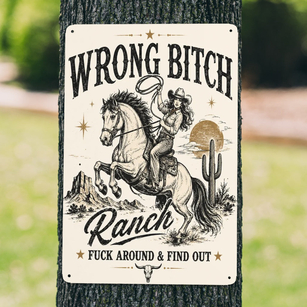 Vintage style ranch sign with a cowgirl riding a horse in a desert landscape.
