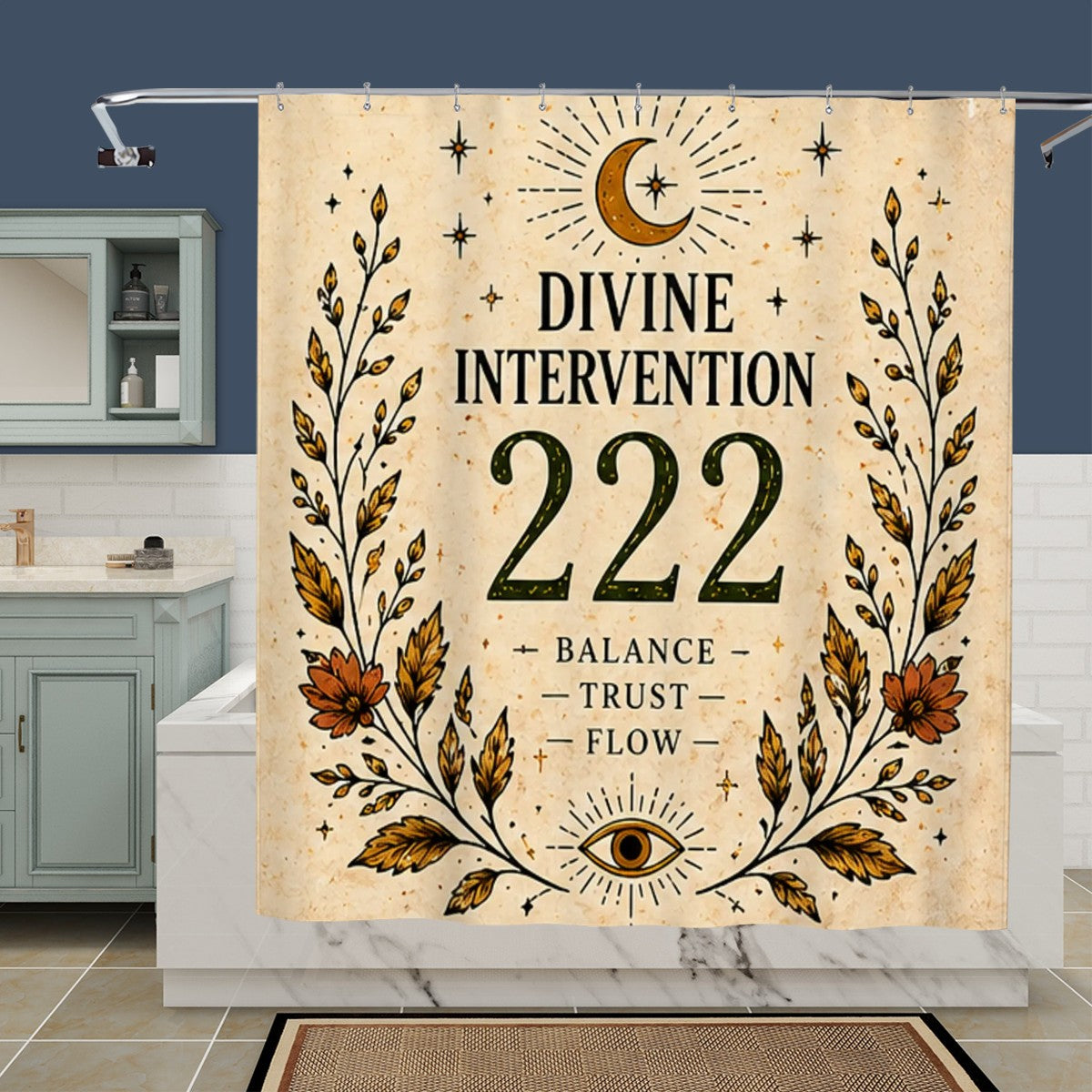 Sandy Beach bathroom decor shower curtain with ocean-themed design, hanging inside a modern bathroom for stylish shower area.
