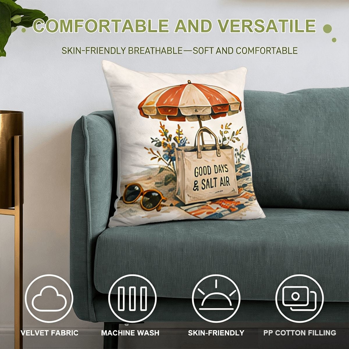 Decorative beach themed throw pillow with umbrella and tote bag on a teal sofa.