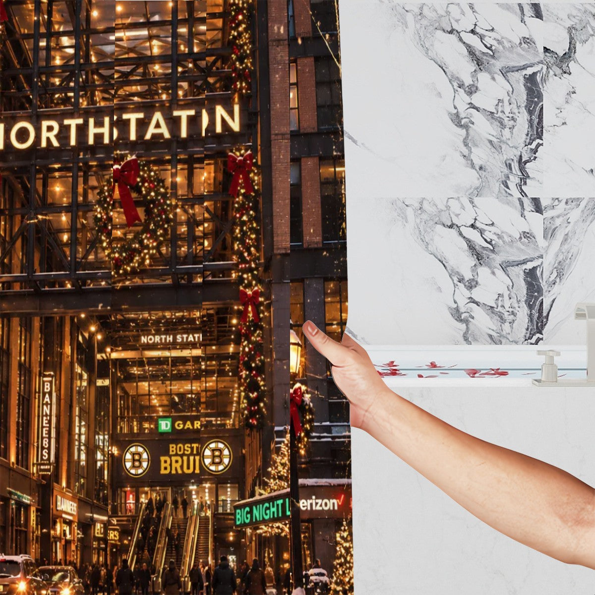 Boston North Station Christmas Shower Curtain | Holiday City Scene