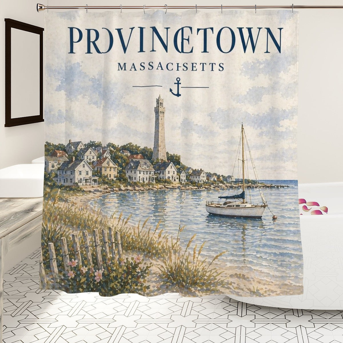 Sandy Beach bathroom decor shower curtain with ocean and sand design, bright seaside scene for bathroom decor.