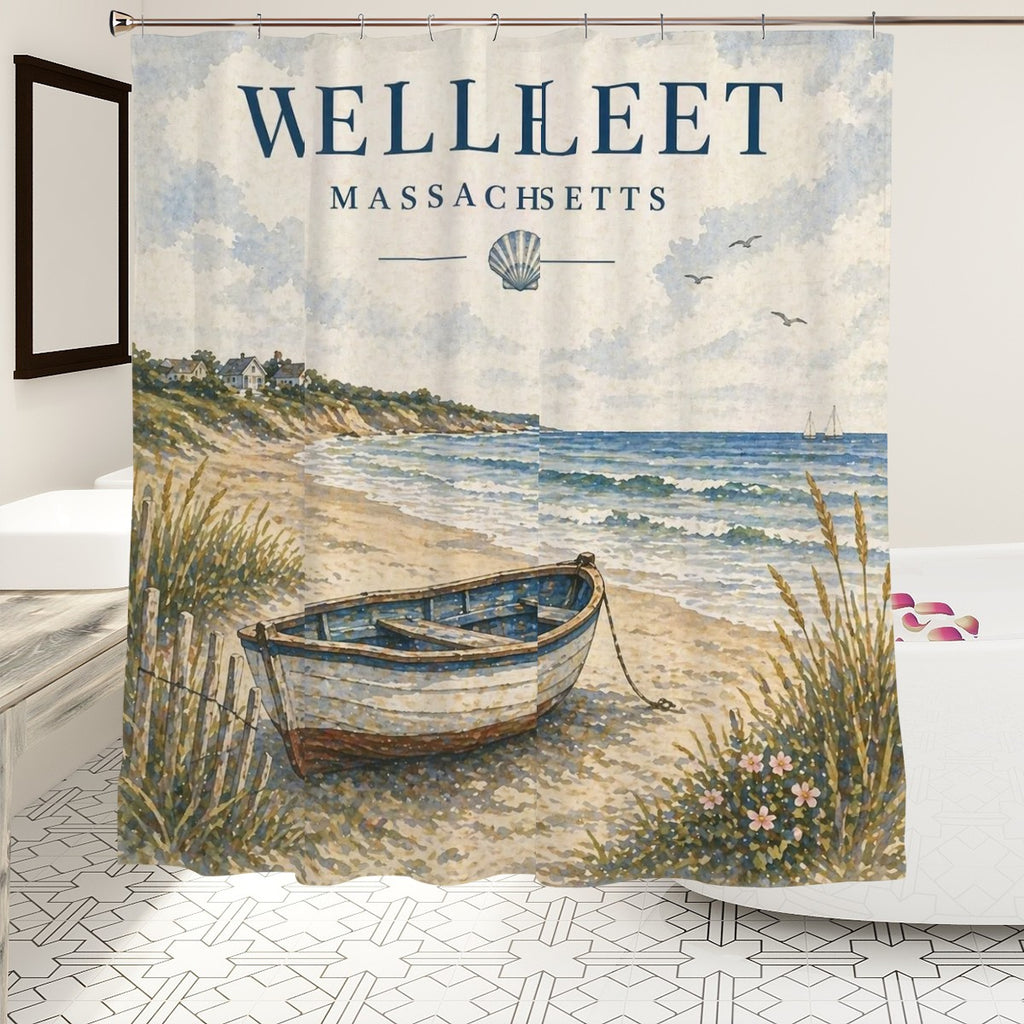 Sandy Beach bathroom shower curtain with ocean and beach scene, vibrant colors, and decorative nautical elements for bathroom decor.