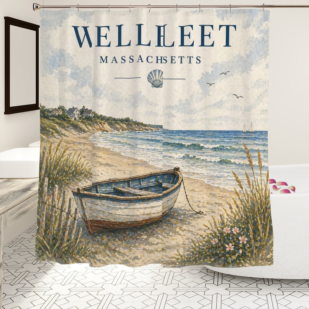 Sandy Beach bathroom shower curtain with ocean and beach scene, vibrant colors, and decorative nautical elements for bathroom decor.