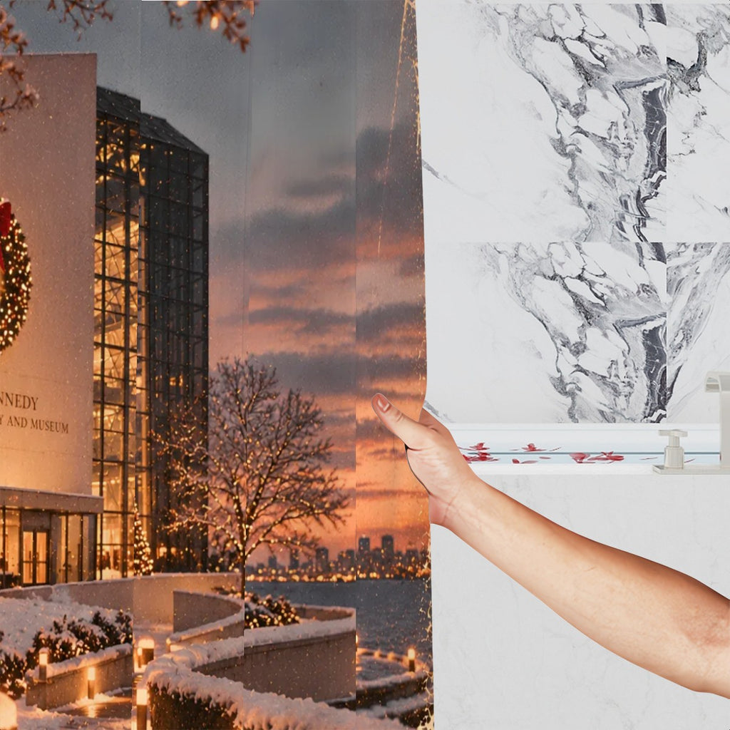 JFK Library Christmas Shower Curtain | Boston Waterfront Winter Scene
