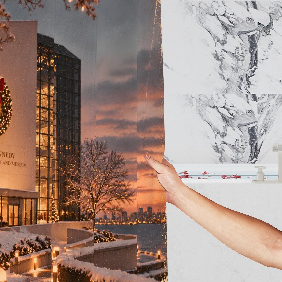 JFK Library Christmas Shower Curtain | Boston Waterfront Winter Scene