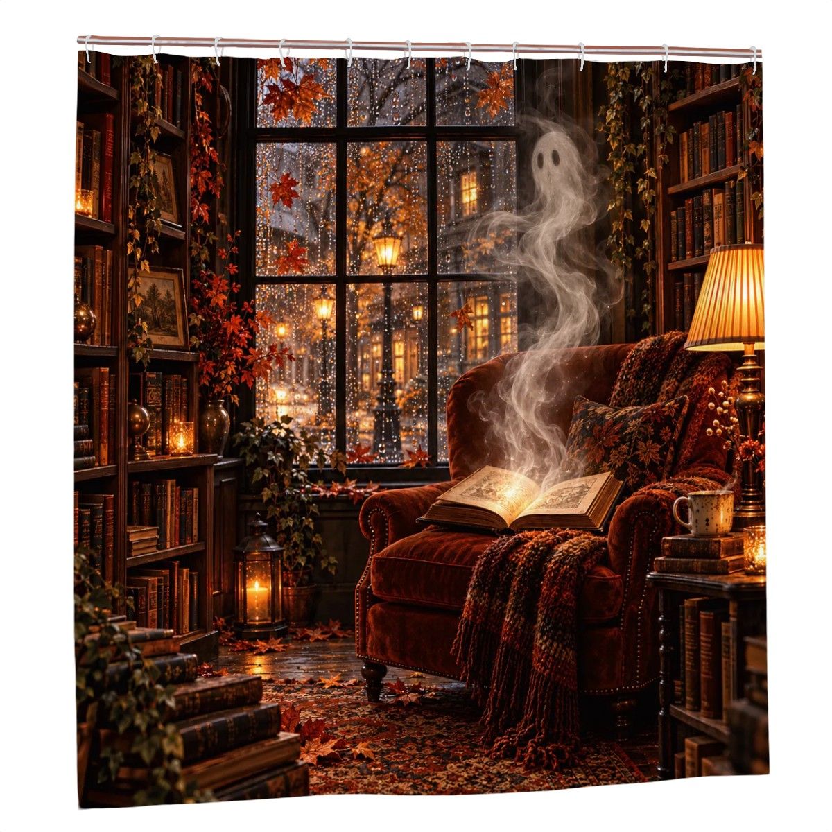Ghost with Coffee Shower Curtain - 72" x 72" Autumn Doorway Halloween Decor