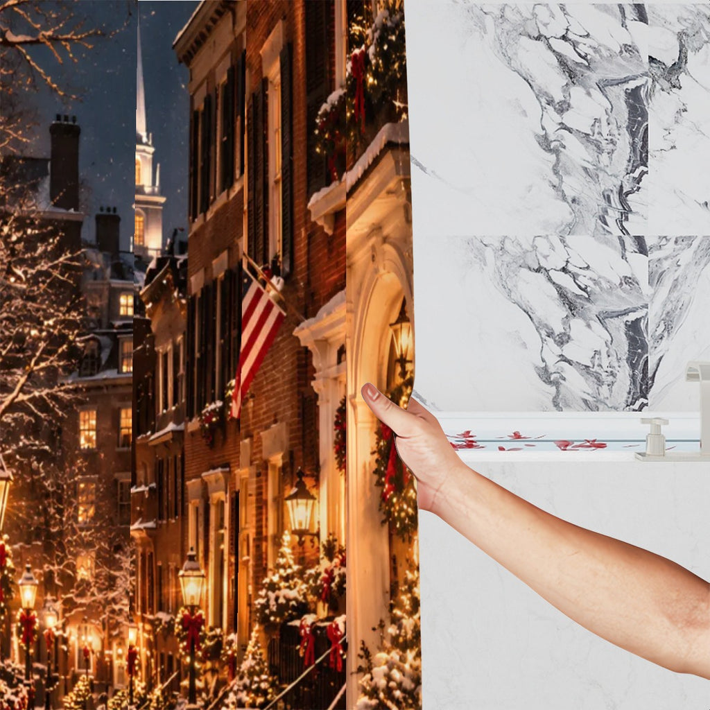Boston Beacon Hill Christmas Shower Curtain | Snowy Lantern-Lit Street
