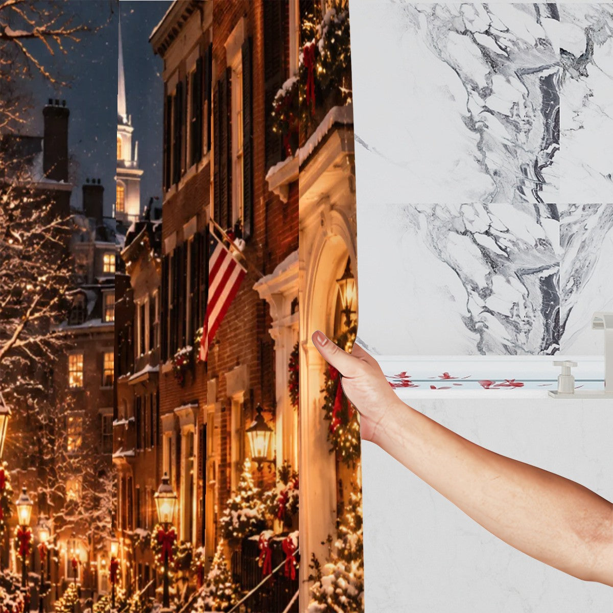 Boston Beacon Hill Christmas Shower Curtain | Snowy Lantern-Lit Street