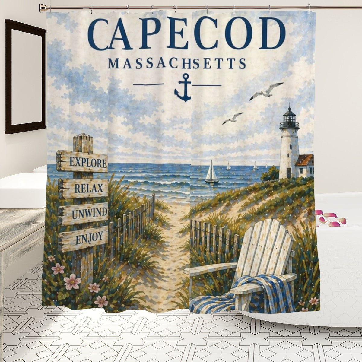 Cape Cod Shower Curtain by Sandy Beach featuring a coastal lighthouse and beach path design for nautical bathroom decor.