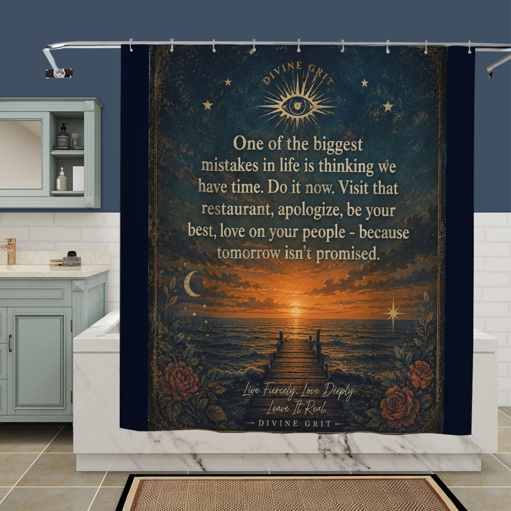 Dark blue inspirational shower curtain with sunset ocean view and motivational quote.