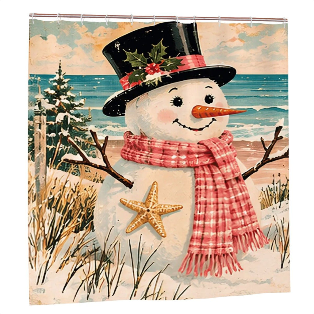 Coastal Snowman Christmas Shower Curtain | Starfish & Pink Plaid Scarf