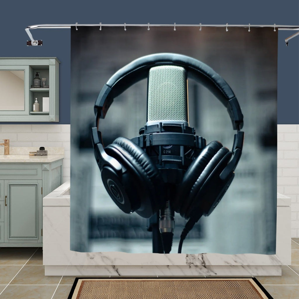 Sandy Beach Studio Shower Curtain with ocean-inspired design, vibrant blue waves, and decorative bathroom decor.
