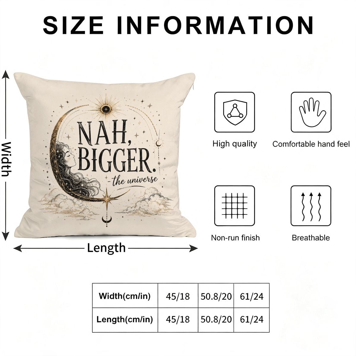 Size information chart for a celestial moon and stars decorative throw pillow.