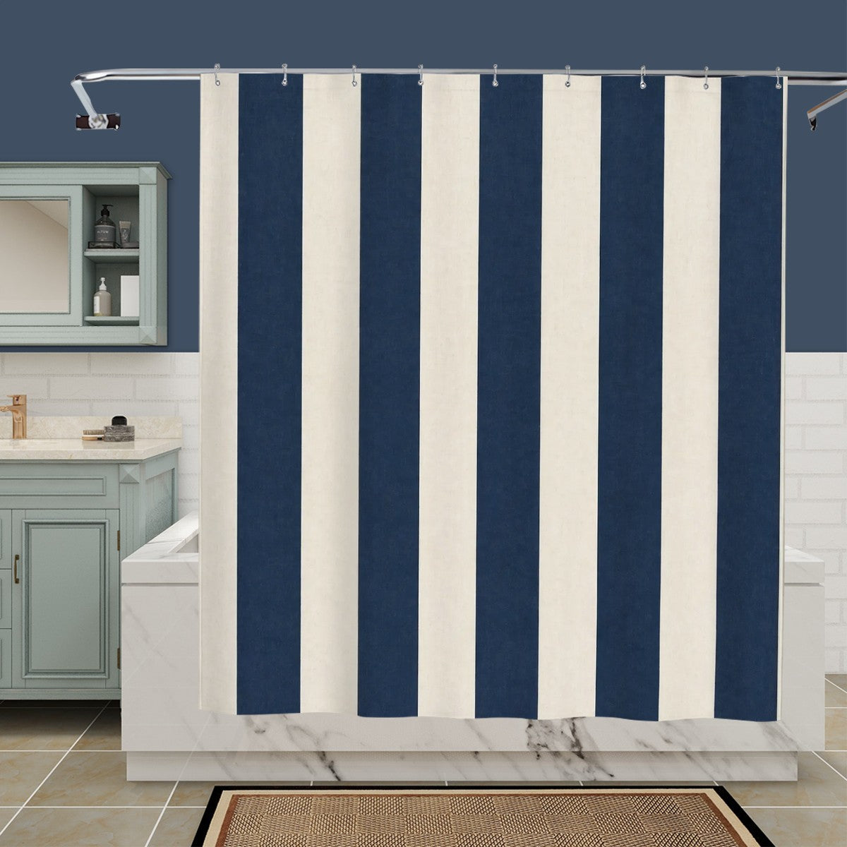 Sandy Beach bathroom decor shower curtain with beach and ocean scene, vibrant colors, and waterproof fabric for bathroom decor.