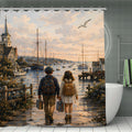Impressionist style shower curtain featuring two children walking by a coastal harbor at sunset.
