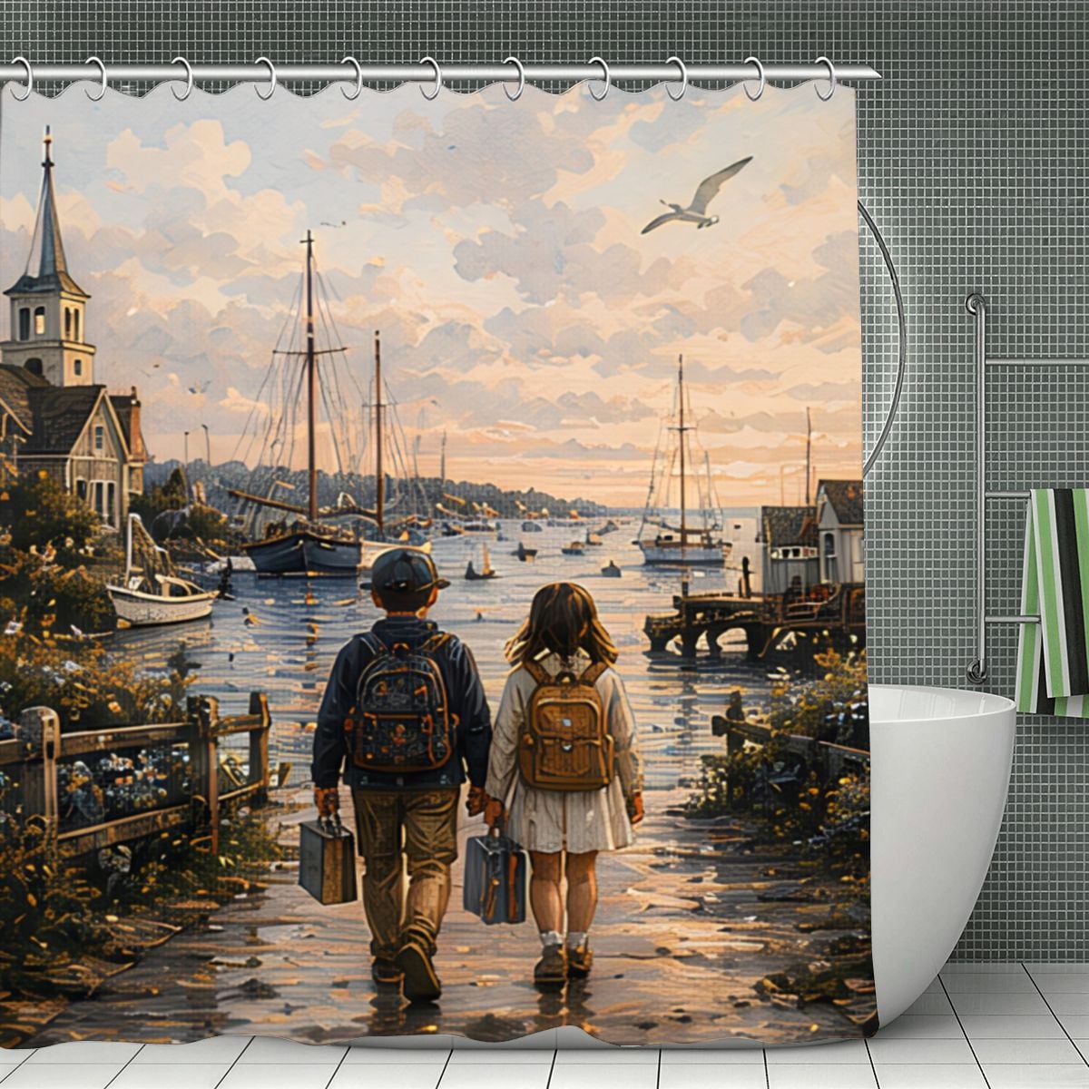 Impressionist style shower curtain featuring two children walking by a coastal harbor at sunset.