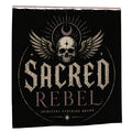 Sacred Rebel Gothic shower curtain with spiritual skull and wing design, dark mystic bathroom decor by Sandy Beach.