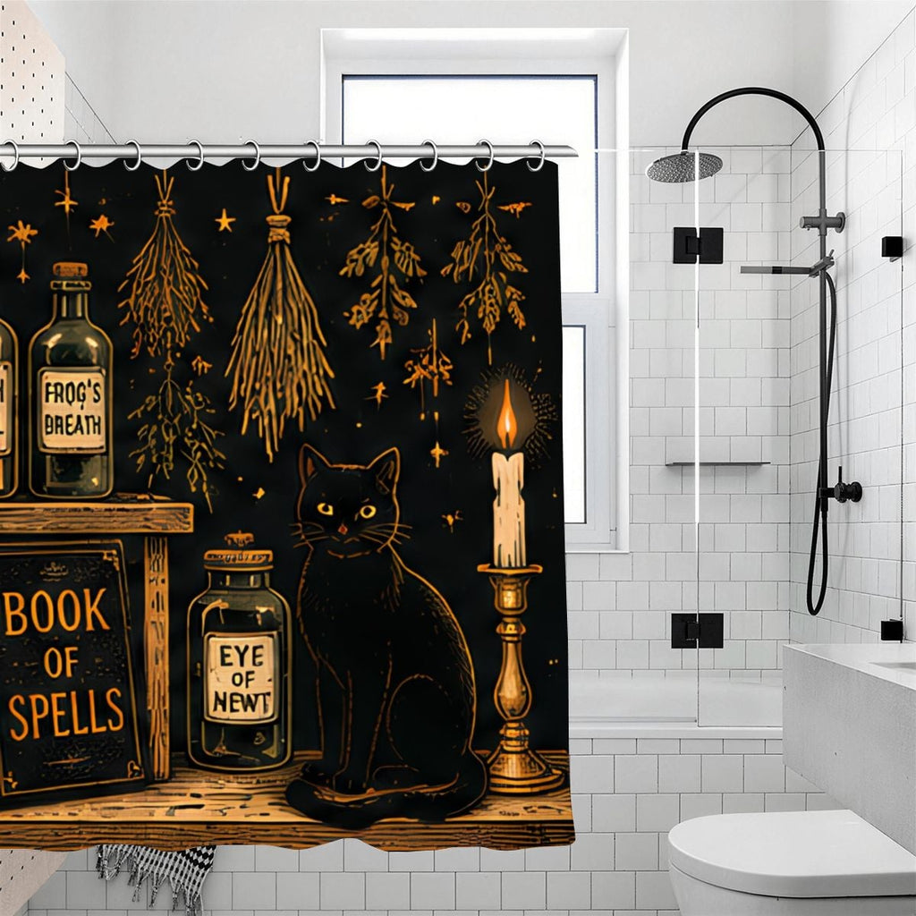 Witchy aesthetic shower curtain featuring a black cat, magic potions, and a book of spells.