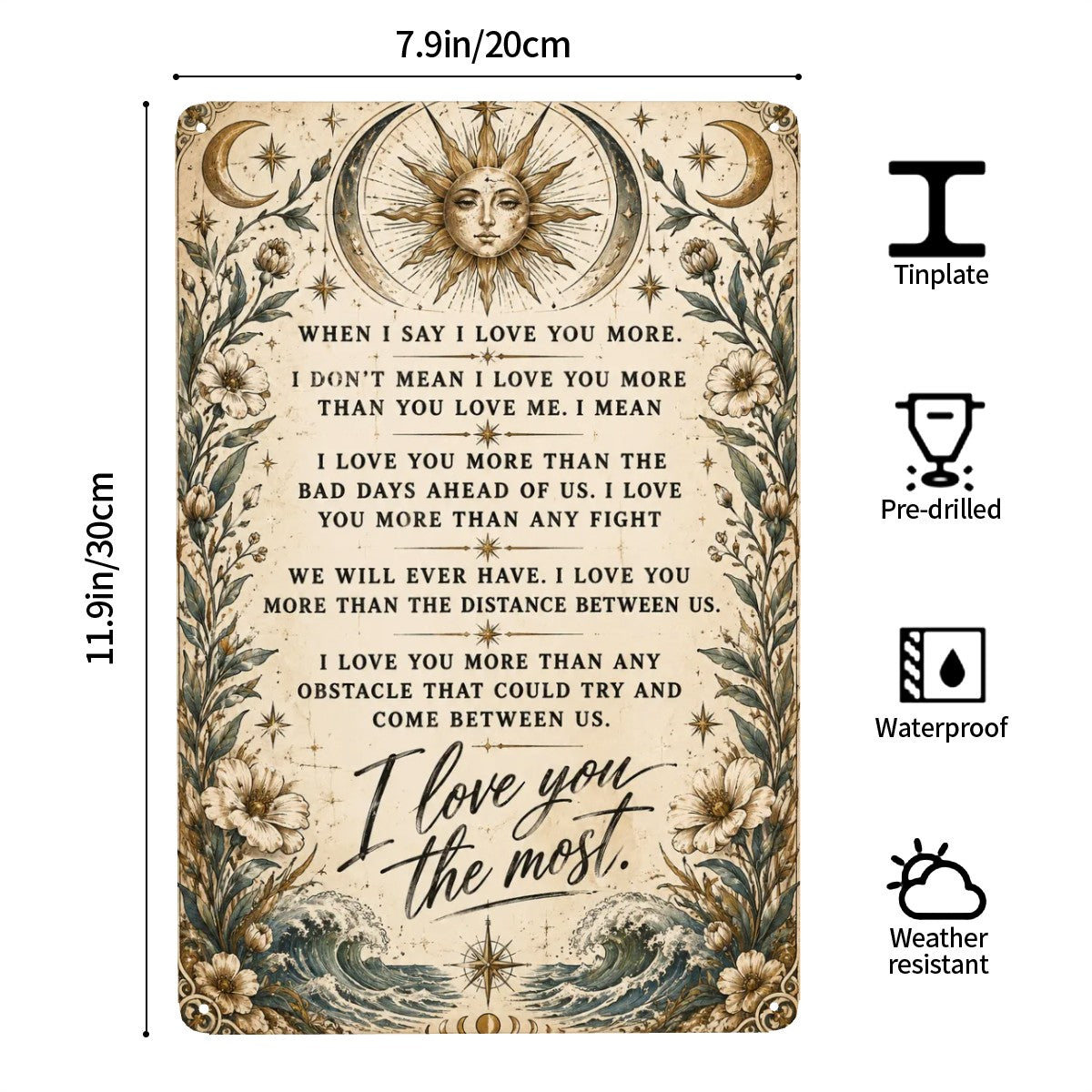 Vintage style garden flag with celestial sun, moon, and romantic love quote text.