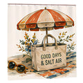 Beach themed shower curtain featuring an orange striped umbrella, tote bag, and sunglasses.