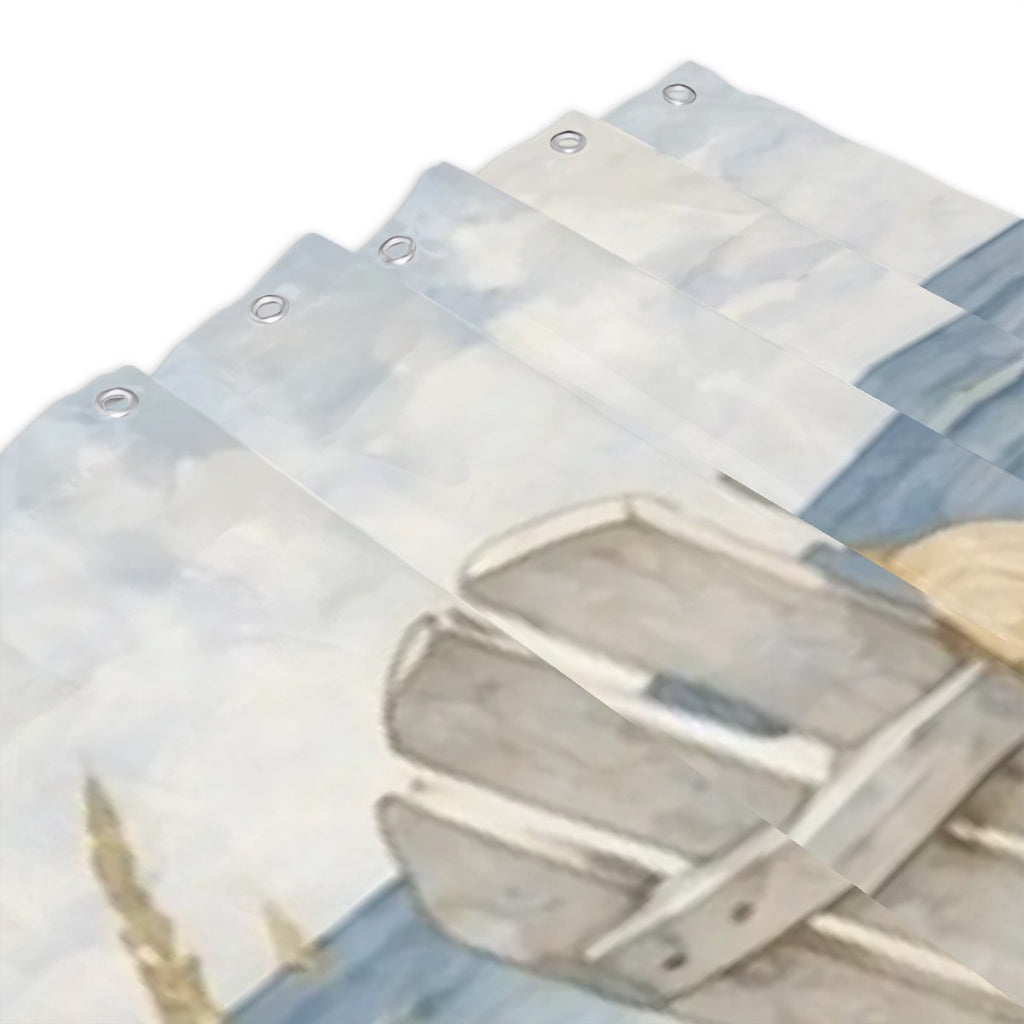Sandy Beach bathroom decor shower curtain with ocean-themed design, hanging in a modern bathroom setting.