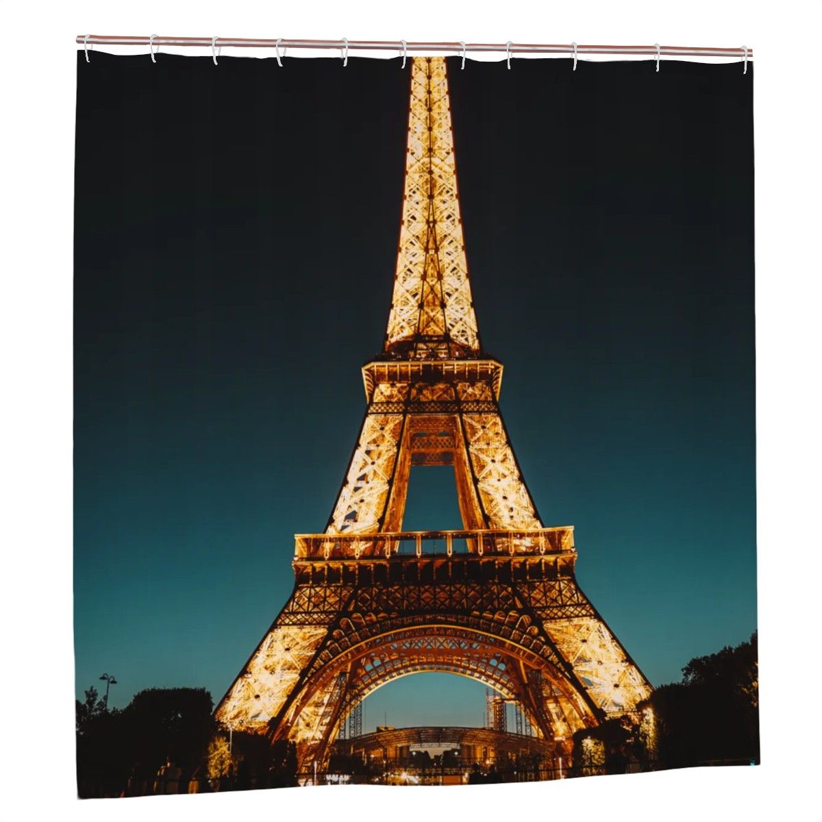 Eiffel Tower night lights shower curtain featuring Paris skyline design for bathroom decor by Sandy Beach.