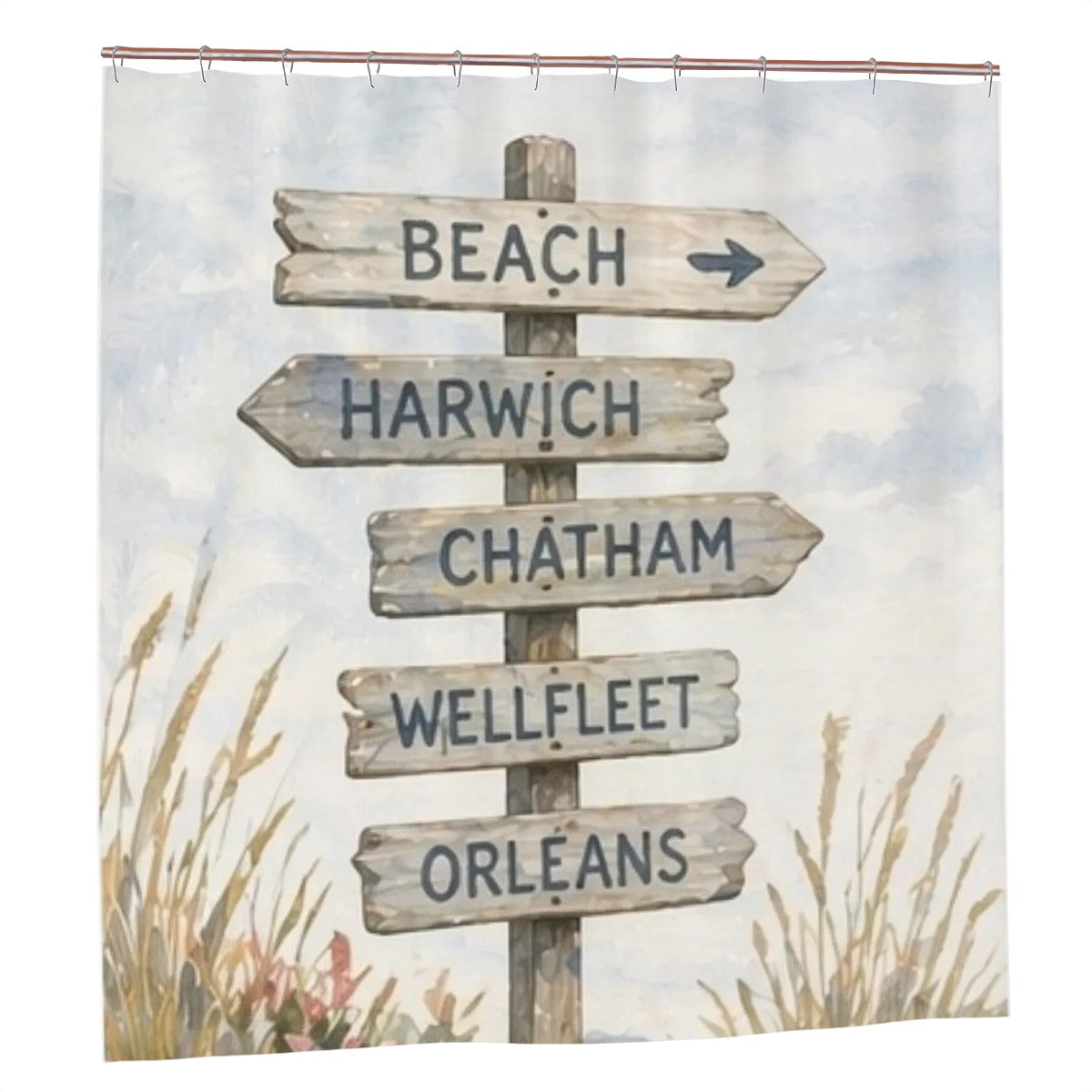 Sandy Beach bathroom decor shower curtain featuring a vibrant seaside scene with waves and sandy shores.