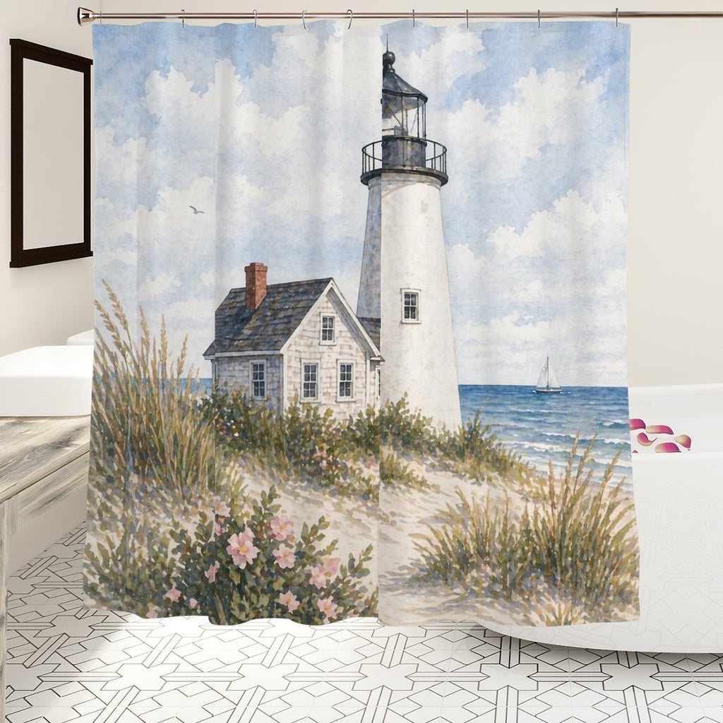 Sandy Beach bathroom decor shower curtain with ocean-inspired design, hanging in a modern shower stall.