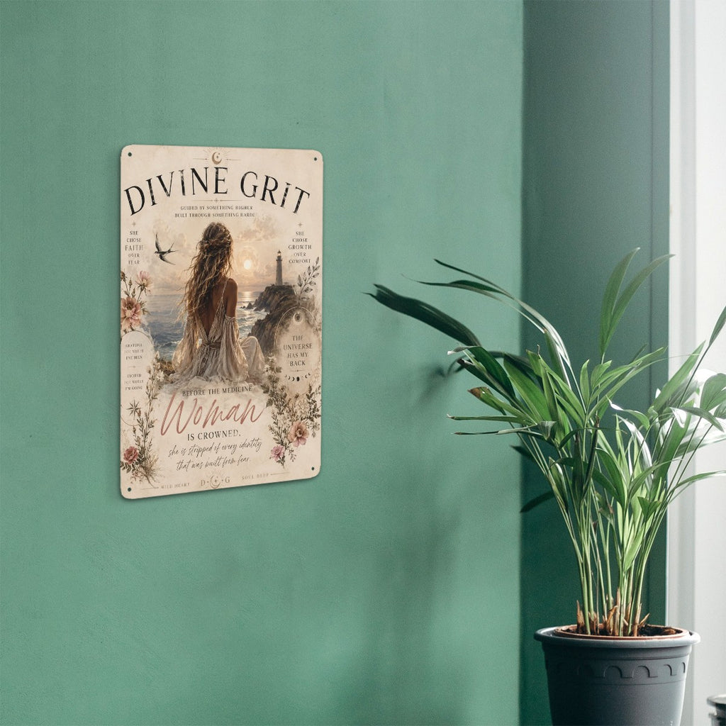 Vintage style metal wall art sign with 'Divine Grit' text and a woman by the ocean.