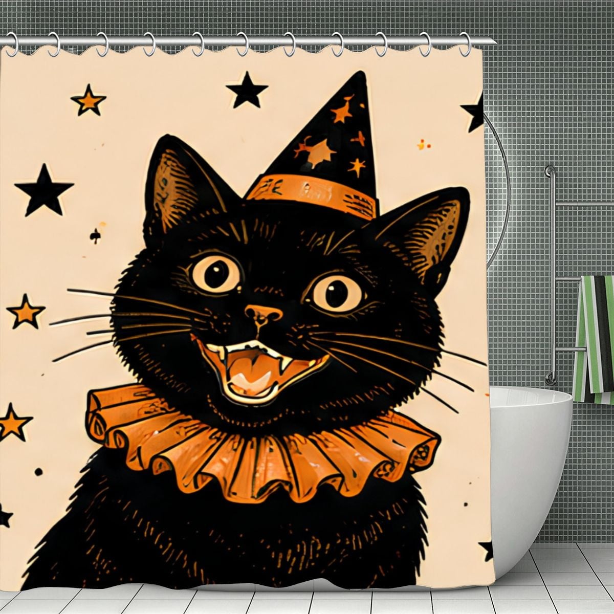 Black cat wearing a witch hat and orange ruff collar on a decorative shower curtain.