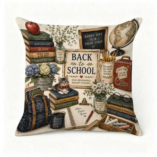 Decorative throw pillow featuring school supplies, books, flowers, and a cute tabby cat.