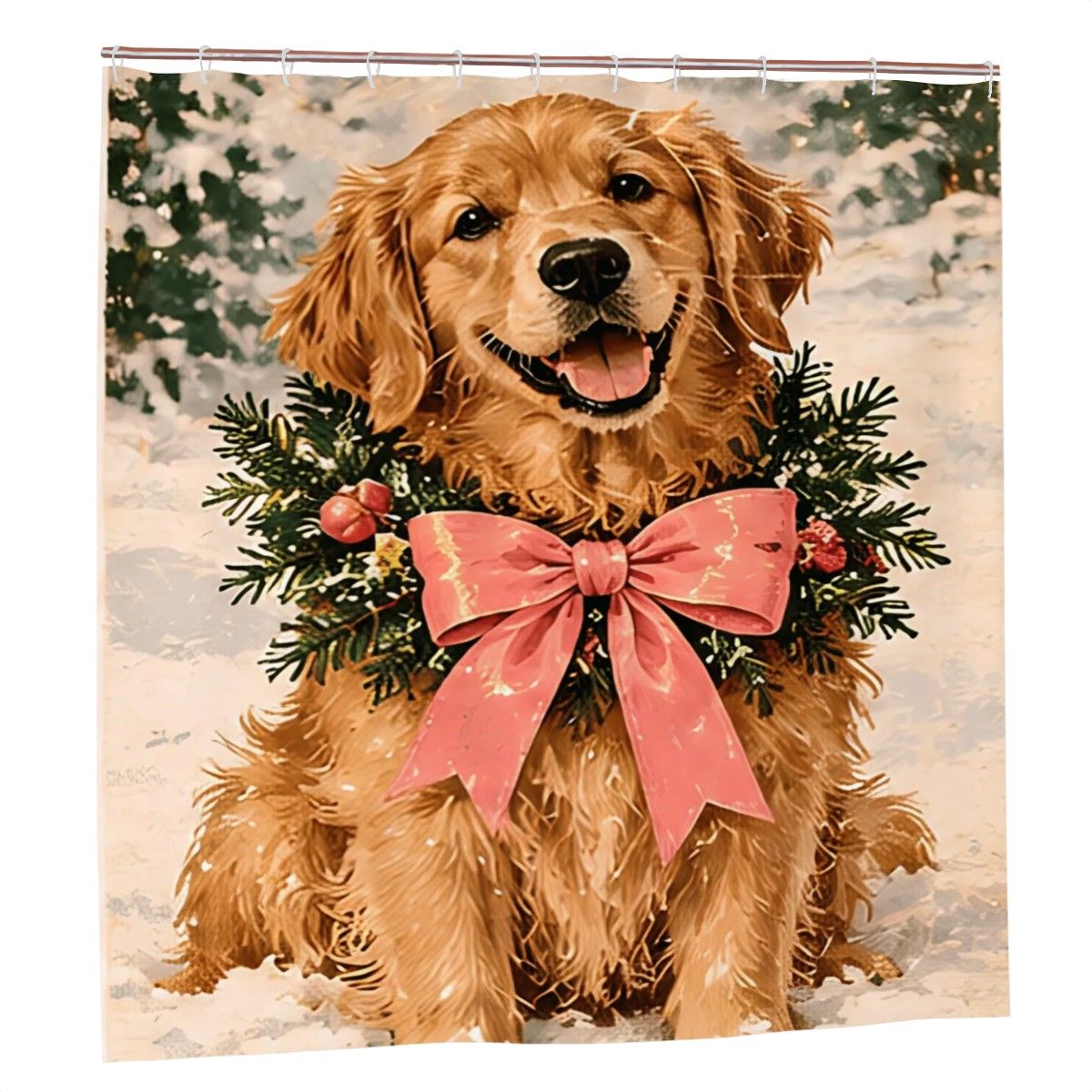 Golden Retriever Christmas Shower Curtain | Pink Bow & Winter Evergreens