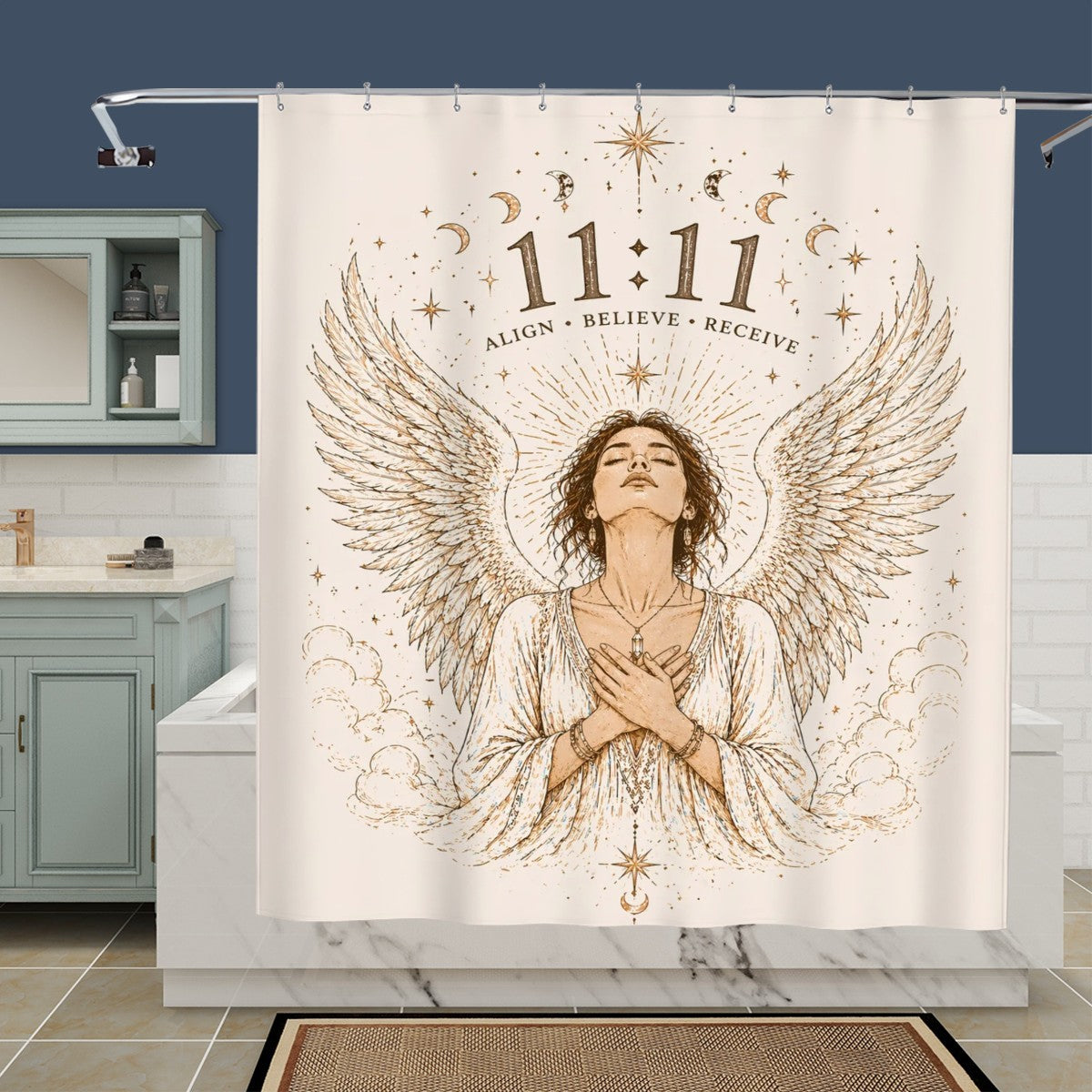 Sandy Beach bathroom decor shower curtain with ocean wave pattern and beach scene, made of waterproof fabric.