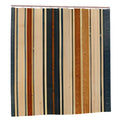 Modern shower curtain with vertical stripes in earth tones, navy, and cream.