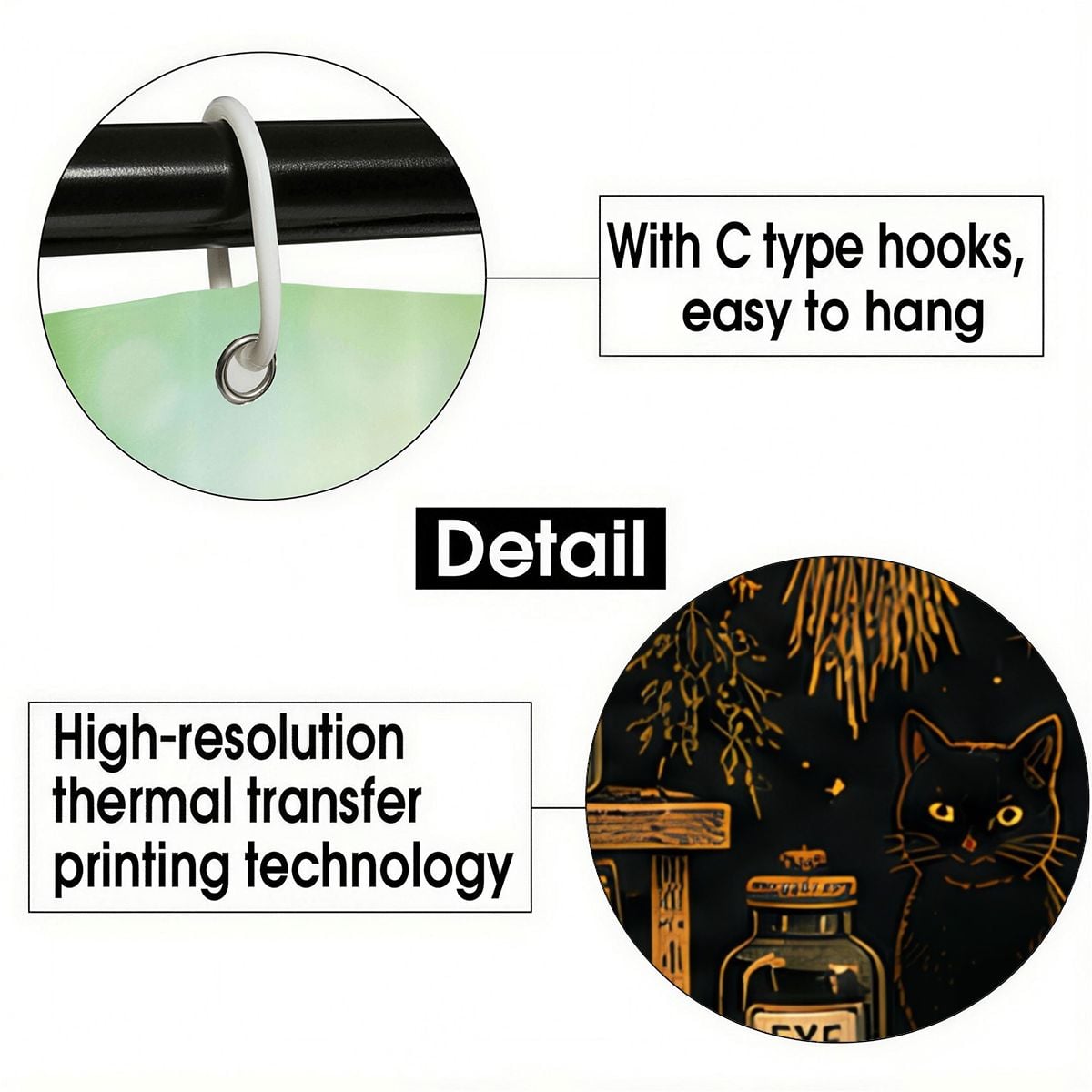 Close-up of C-type hooks for easy hanging and high-resolution thermal transfer printing detail.