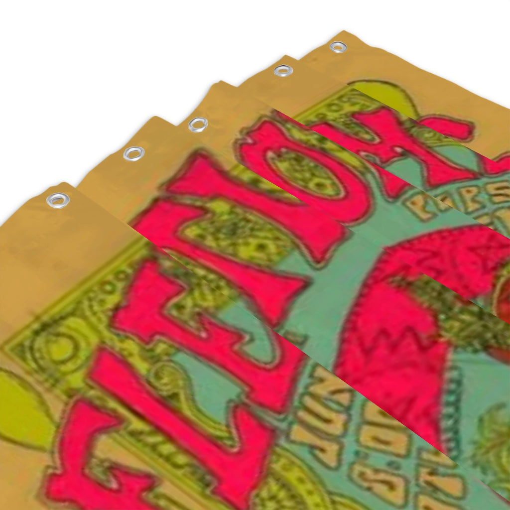 Vintage Rock Poster shower curtain from Sandy Beach featuring bold, colorful rock music design for bathroom decor.