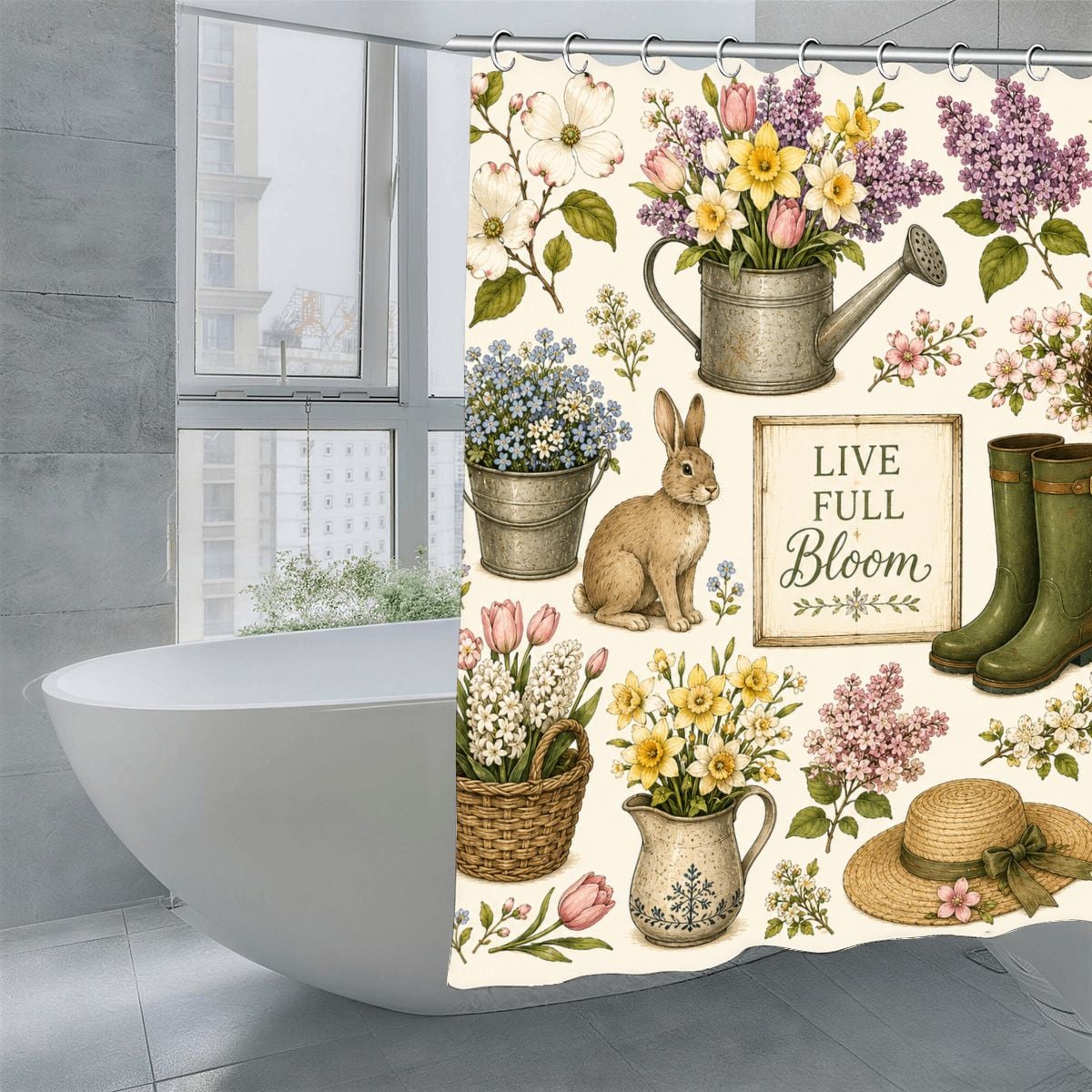 Floral shower curtain featuring garden flowers, a rabbit, and a watering can design.