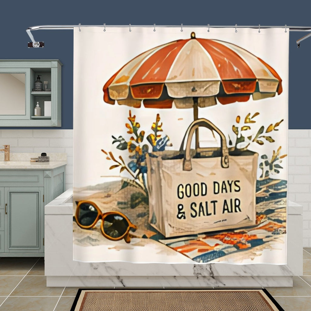 Beach themed shower curtain featuring an orange striped umbrella, tote bag, and sunglasses.