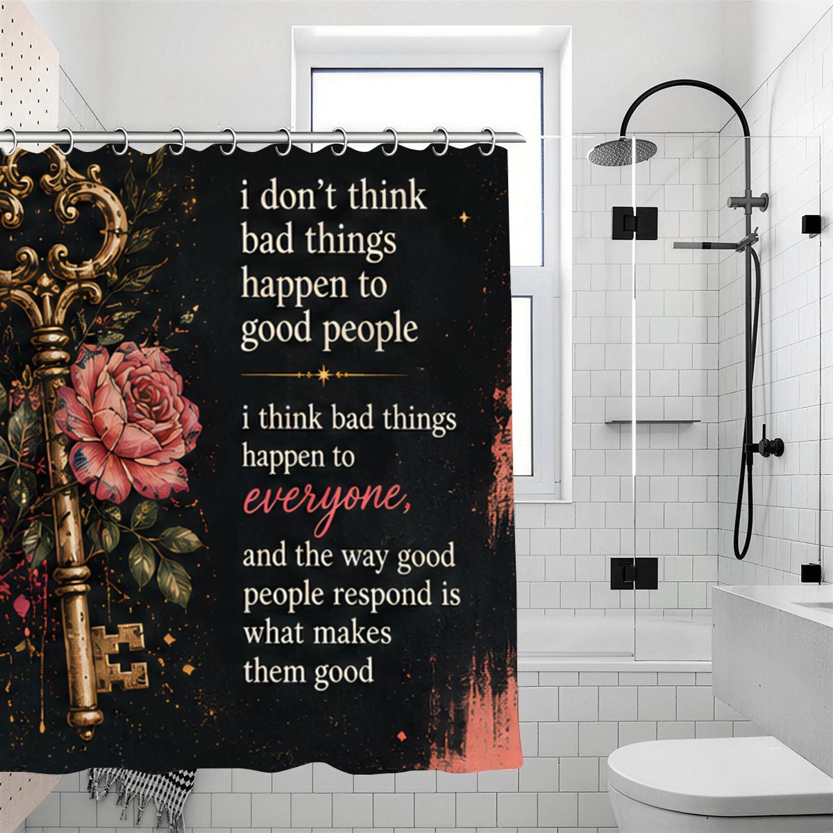 Black shower curtain featuring a vintage key, pink rose, and inspirational quote.