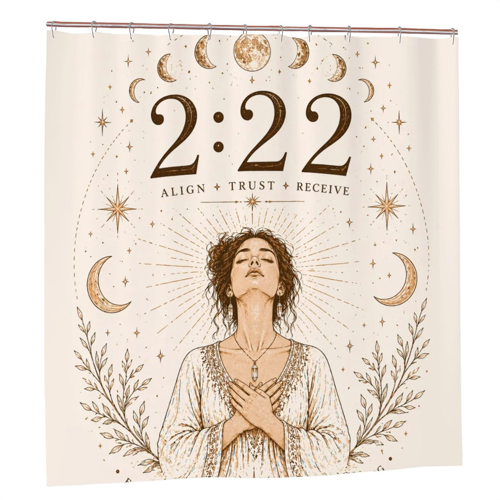 Sandy Beach 222 Angel Number shower curtain with spiritual design, boho aesthetic, perfect for bathroom decor and divine timing wall art.
