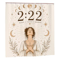 Sandy Beach 222 Angel Number shower curtain with spiritual design, boho aesthetic, perfect for bathroom decor and divine timing wall art.