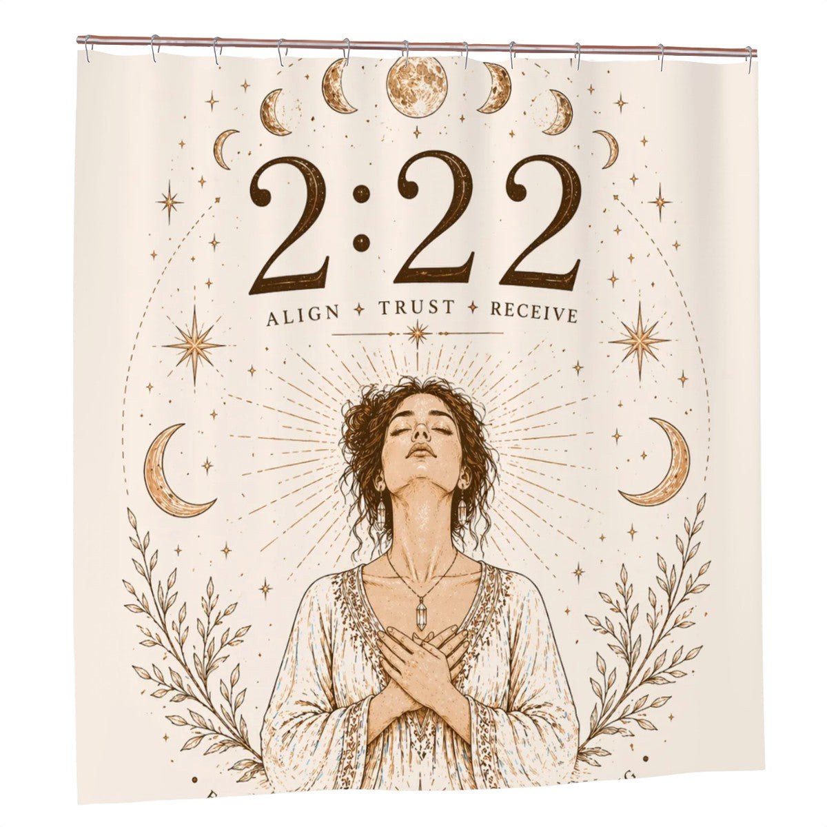 Sandy Beach 222 Angel Number shower curtain with spiritual design, boho aesthetic, perfect for bathroom decor and divine timing wall art.