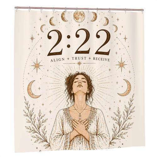 Sandy Beach 222 Angel Number shower curtain with spiritual design, boho aesthetic, perfect for bathroom decor and divine timing wall art.
