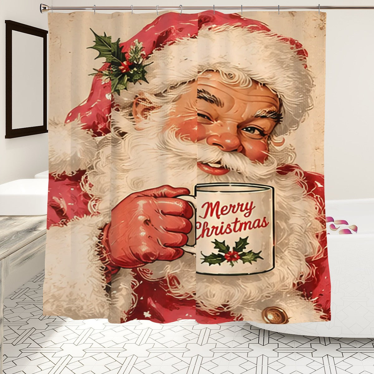 Vintage Santa Christmas Shower Curtain | Merry Christmas Mug Design
