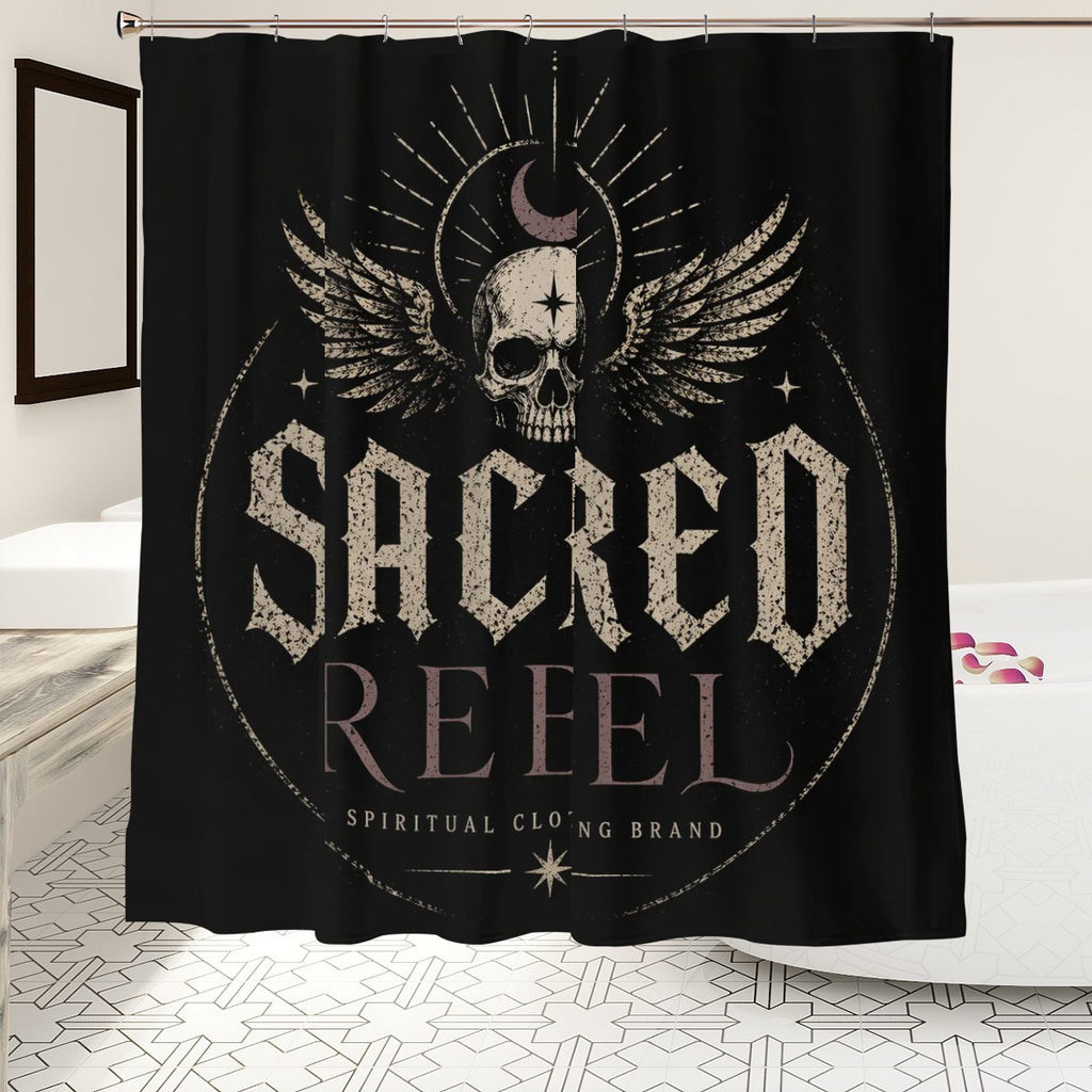 Sacred Rebel Gothic shower curtain by Sandy Beach featuring spiritual skull and wing design for dark mystic bathroom decor.