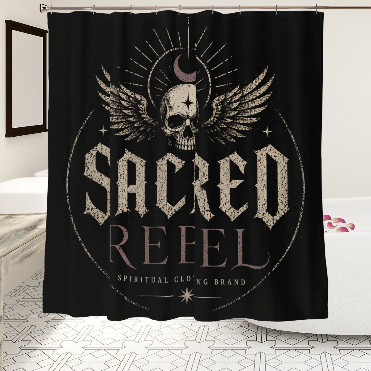 Sacred Rebel Gothic shower curtain by Sandy Beach featuring spiritual skull and wing design for dark mystic bathroom decor.