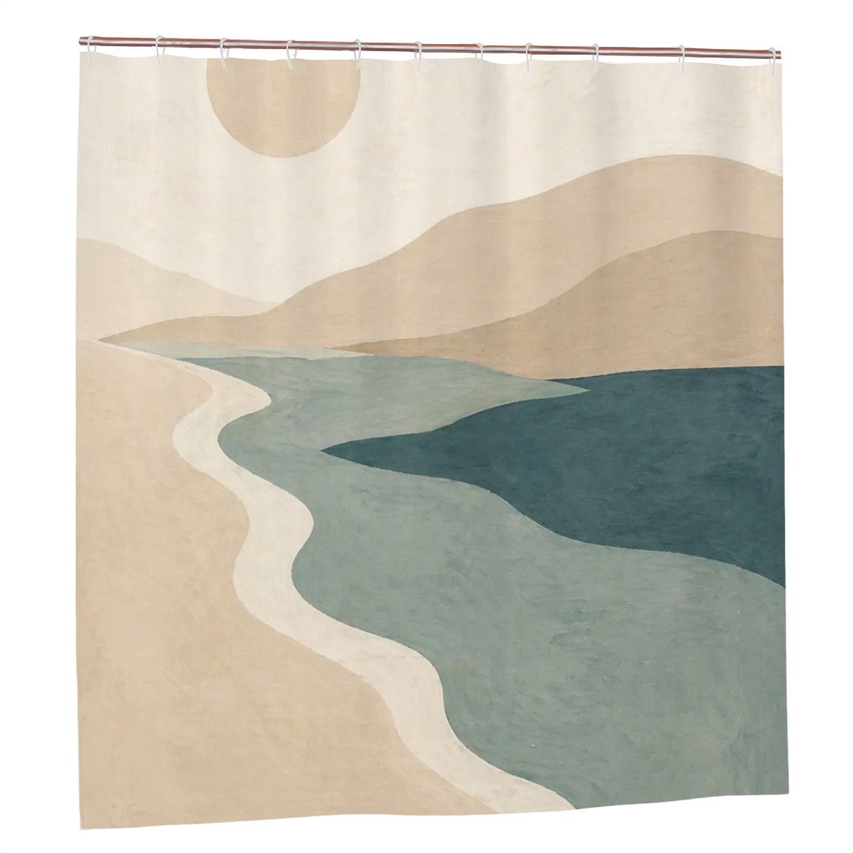Abstract coastal shower curtain by Sandy Beach featuring modern beach decor with neutral ocean tones for a stylish bathroom.