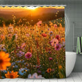 Floral shower curtain featuring a sunset meadow with colorful wildflowers and glowing bokeh.