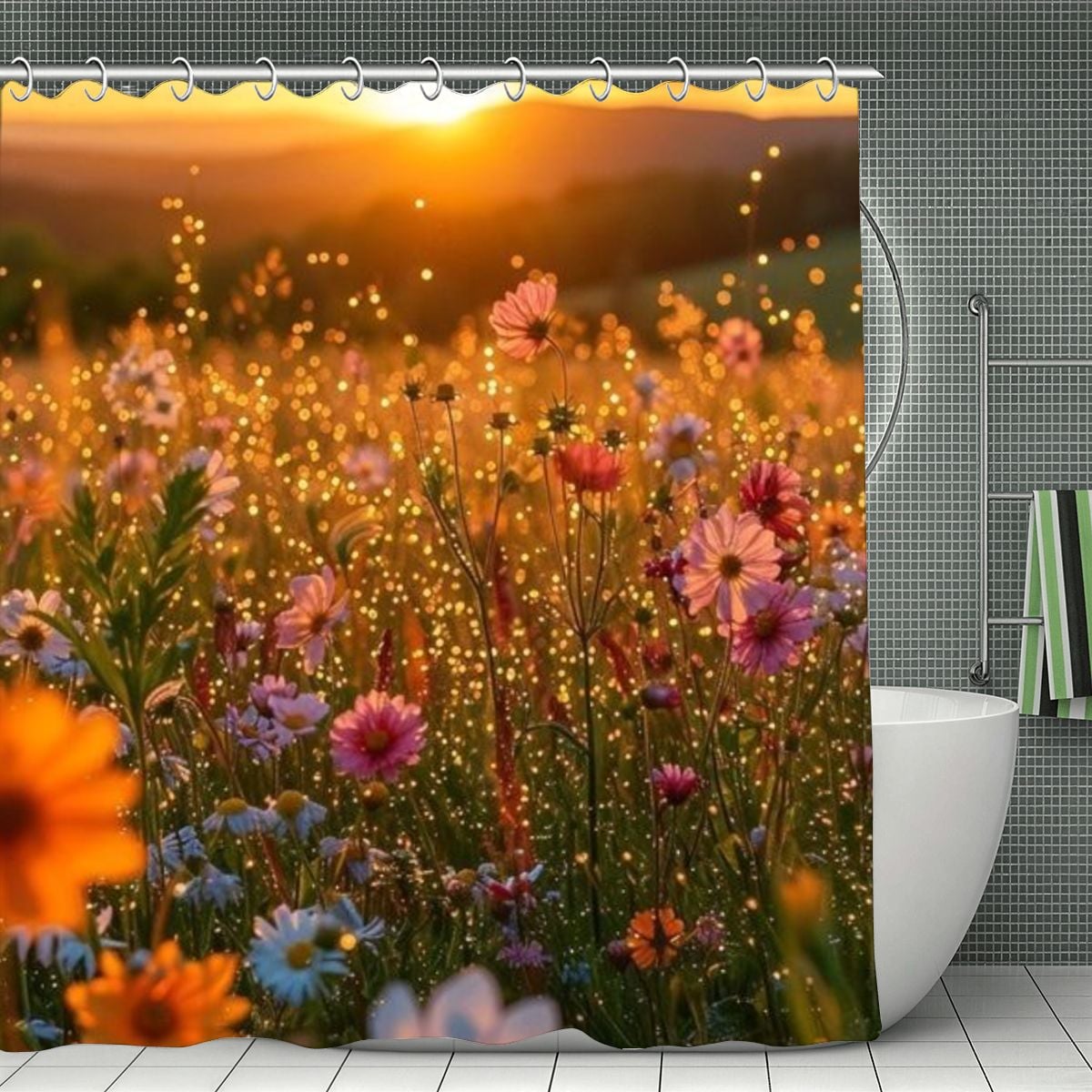 Floral shower curtain featuring a sunset meadow with colorful wildflowers and glowing bokeh.