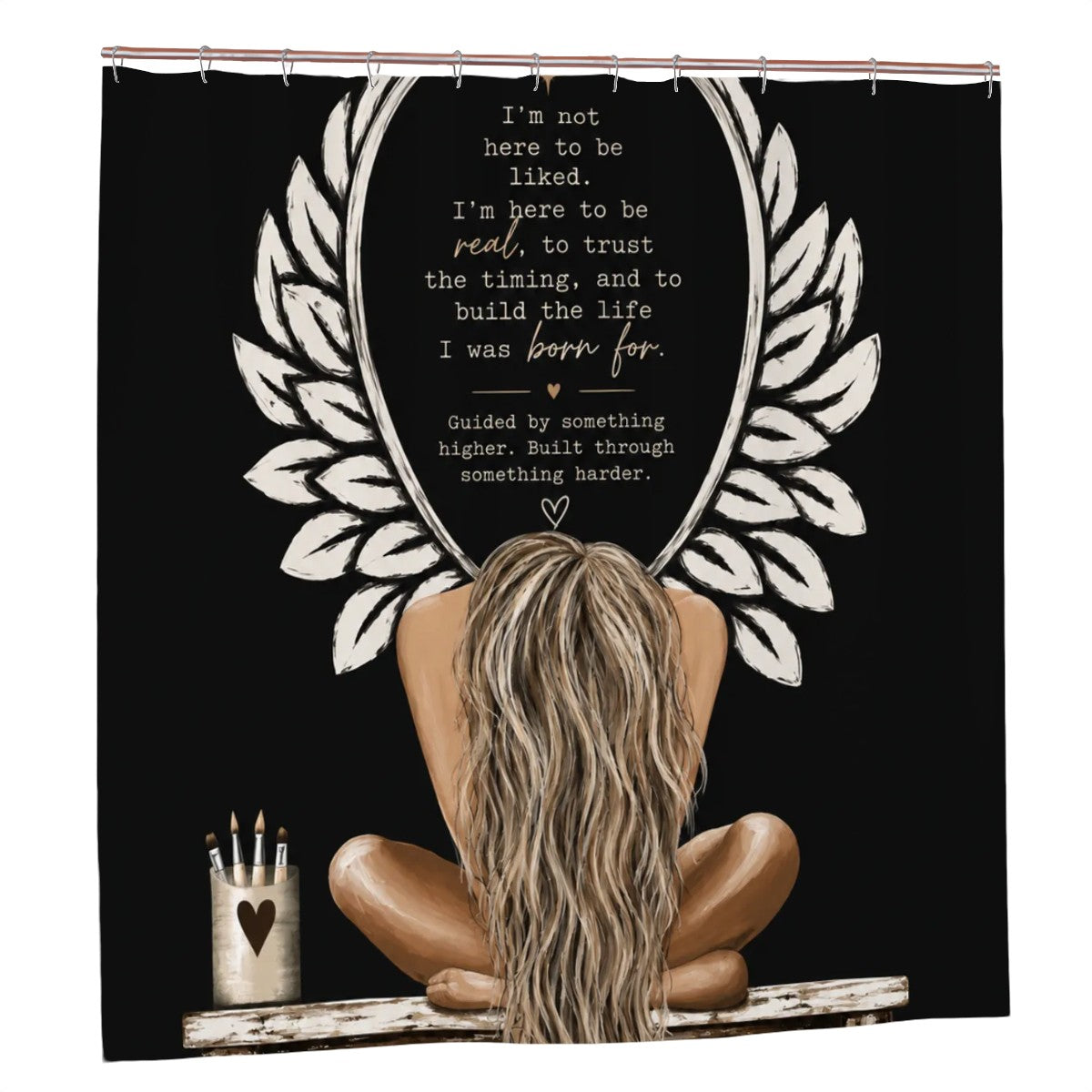 Black shower curtain featuring an inspirational quote inside a white laurel wreath design.